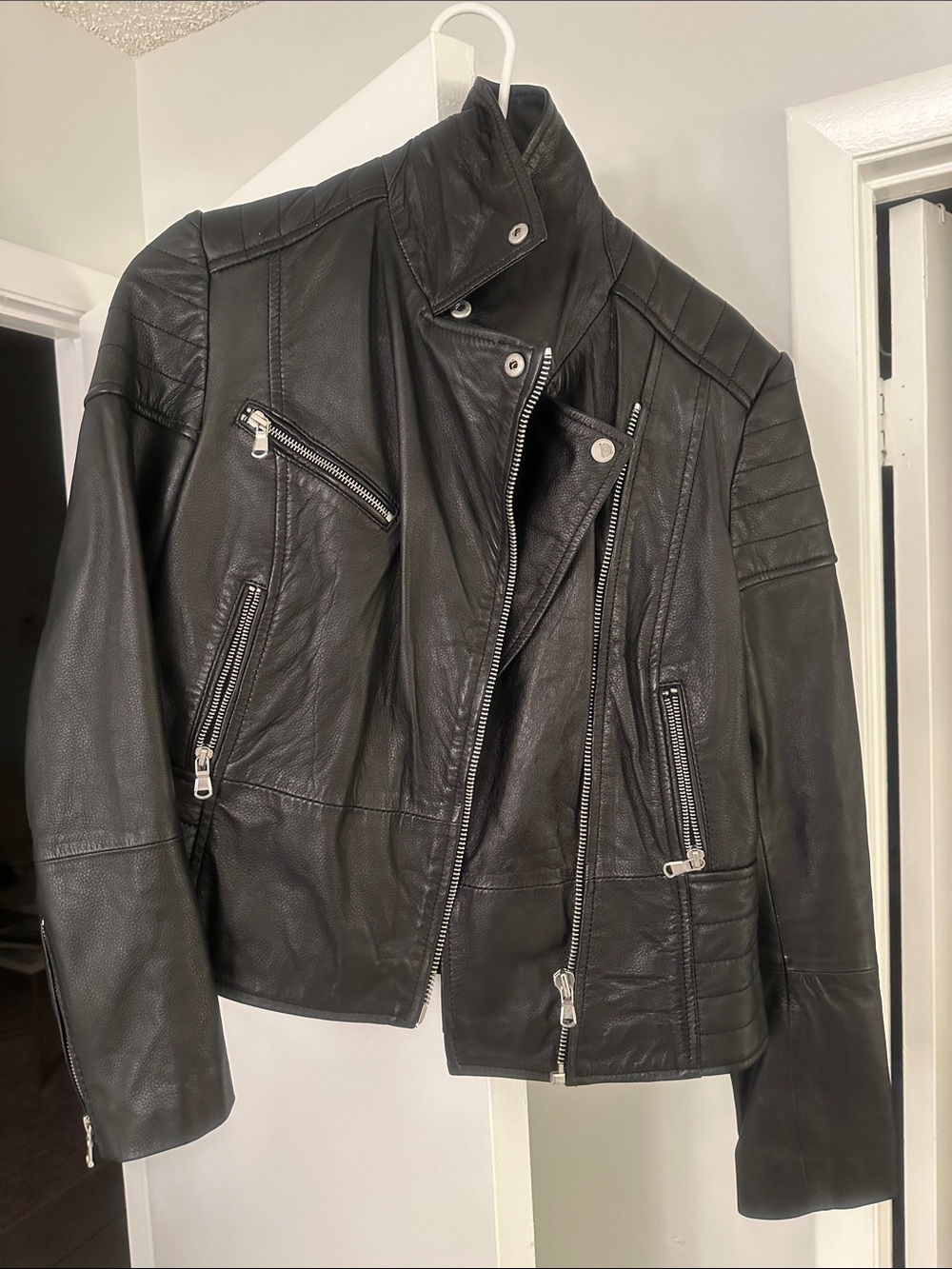 Barneys Originals Black Leather Moto Jacket with Silver Hardware
